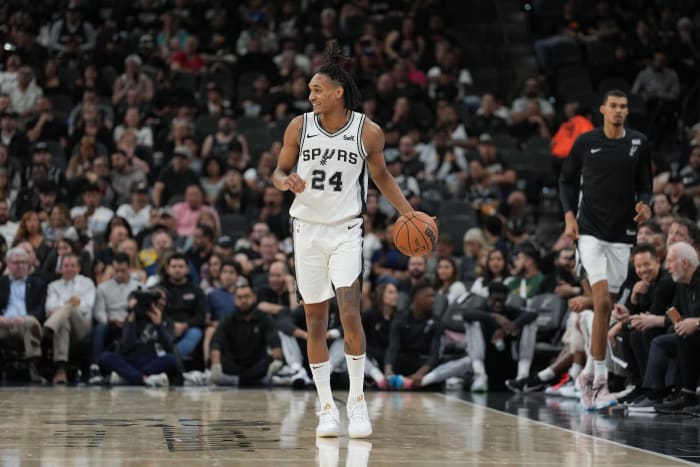 Oct 18, 2023; San Antonio, Texas, USA; San Antonio Spurs guard Devin Vassell (24) brings the ball up the court in the first half against the Houston Rockets at the Frost Bank Center.